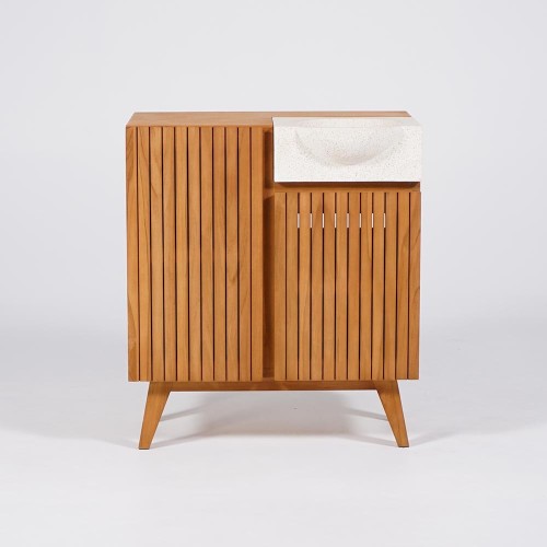 Handwaschbecken aus massivem Teakholz und Waschbecken aus weißem Terrazzo - Neela