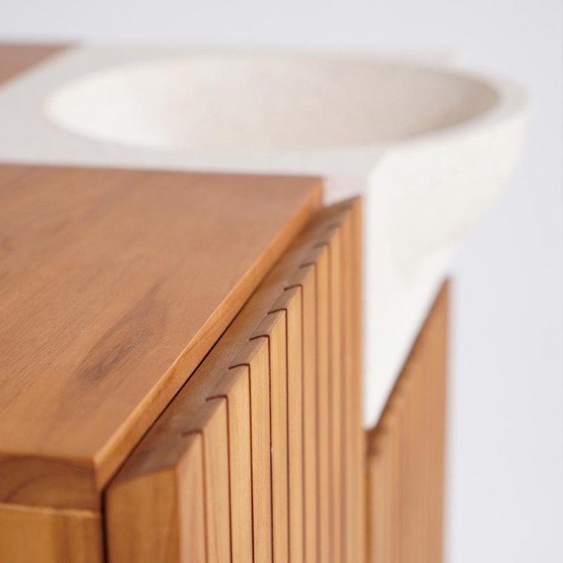 Handwaschbecken aus massivem Teakholz und Waschbecken aus weißem Terrazzo - Neela