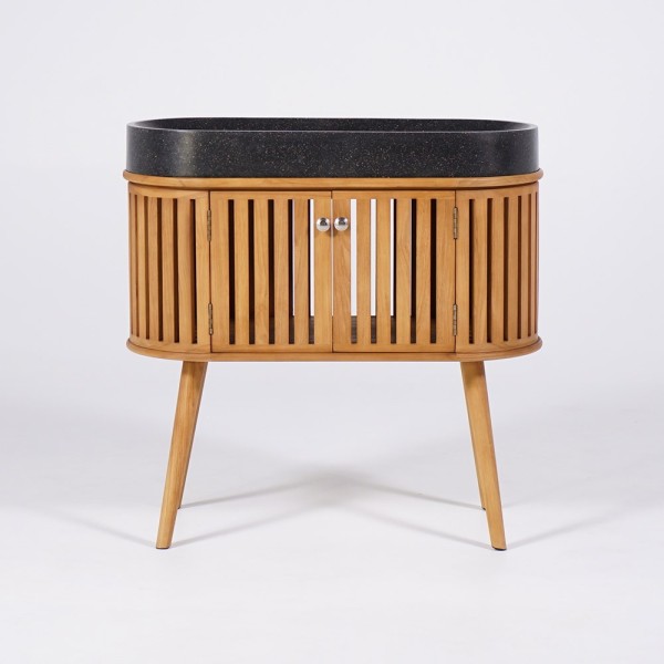 Badezimmermöbel 90 cm aus massivem Teakholz und Waschbecken aus schwarzem Terrazzo - Keya