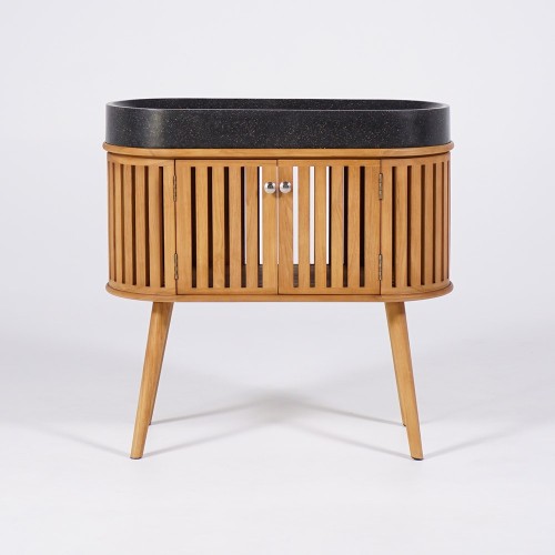Badezimmermöbel 90 cm aus massivem Teakholz und Waschbecken aus schwarzem Terrazzo - Keya