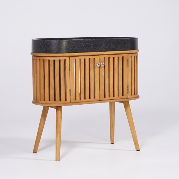Badezimmermöbel 90 cm aus massivem Teakholz und Waschbecken aus schwarzem Terrazzo - Keya