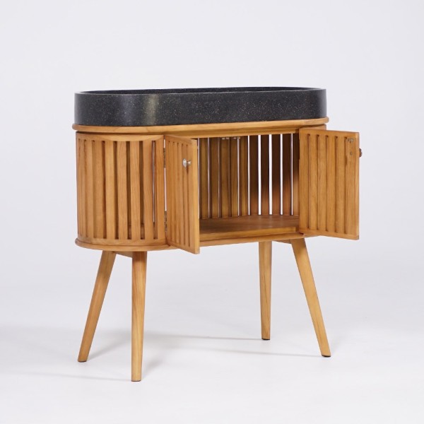 Badezimmermöbel 90 cm aus massivem Teakholz und Waschbecken aus schwarzem Terrazzo - Keya