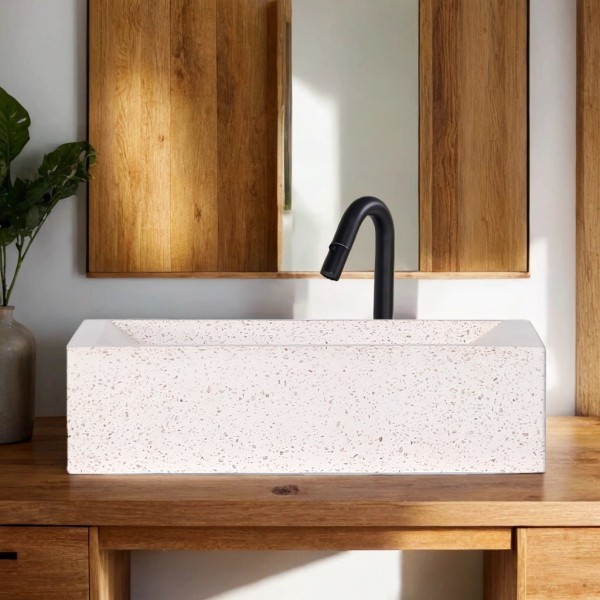 Rechteckiges Waschbecken aus weißem Terrazzo 45 cm x 40 cm - Mayuri