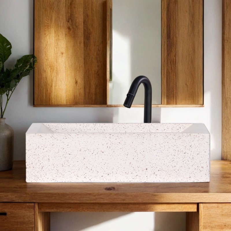 Rechteckiges Waschbecken aus weißem Terrazzo 45 cm x 40 cm - Mayuri