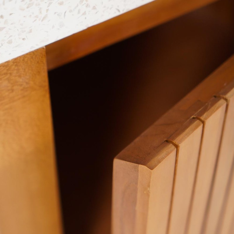 Handwaschbecken aus massivem Teakholz und Waschbecken aus weißem Terrazzo - Kali