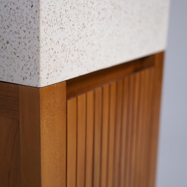 Handwaschbecken aus massivem Teakholz und Waschbecken aus weißem Terrazzo - Kali