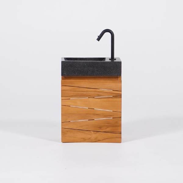 Hängendes Handwaschbecken aus massivem Teakholz und Waschbecken aus schwarzem Terrazzo - Rehana