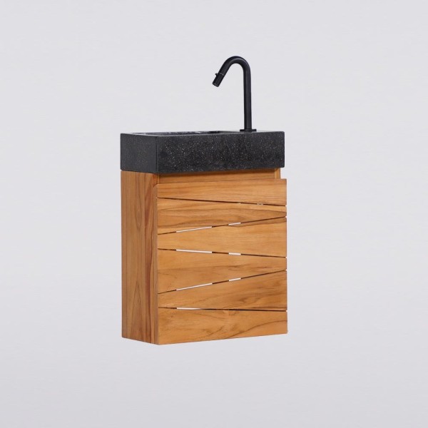 Hängendes Handwaschbecken aus massivem Teakholz und Waschbecken aus schwarzem Terrazzo - Rehana