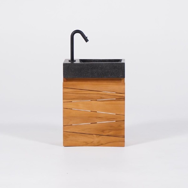 Hängendes Handwaschbecken aus massivem Teakholz und Waschbecken aus schwarzem Terrazzo - Rehana