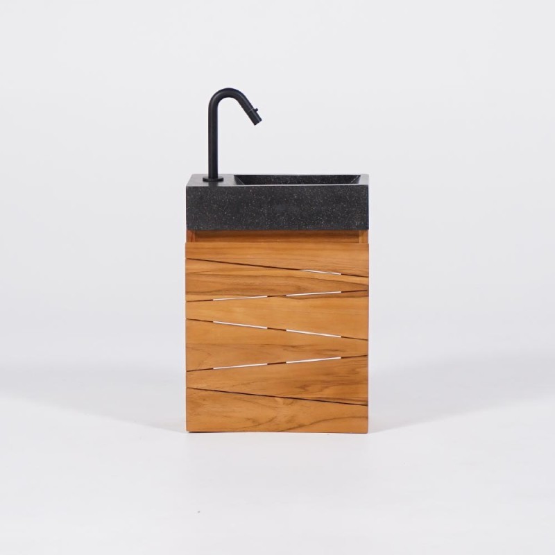 Hängendes Handwaschbecken aus massivem Teakholz und Waschbecken aus schwarzem Terrazzo - Rehana