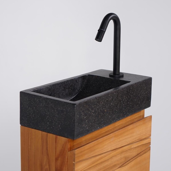 Hängendes Handwaschbecken aus massivem Teakholz und Waschbecken aus schwarzem Terrazzo - Rehana