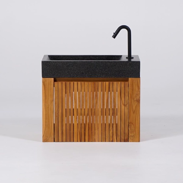 Hängendes Handwaschbecken aus massivem Teakholz und Waschbecken aus schwarzem Terrazzo - Nila