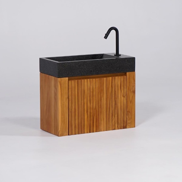 Hängendes Handwaschbecken aus massivem Teakholz und Waschbecken aus schwarzem Terrazzo - Nila