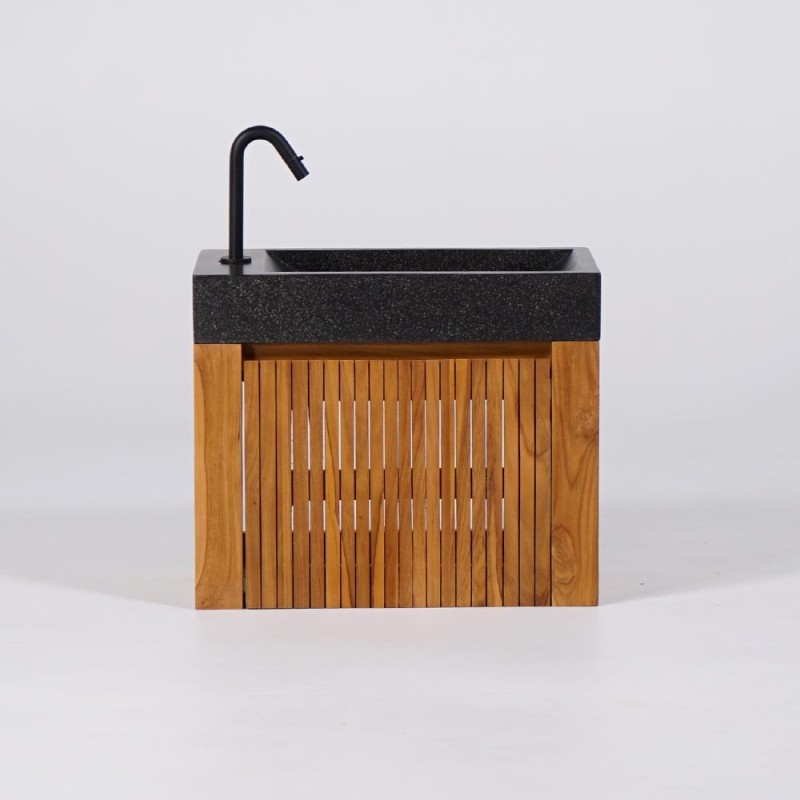 Hängendes Handwaschbecken aus massivem Teakholz und Waschbecken aus schwarzem Terrazzo - Nila