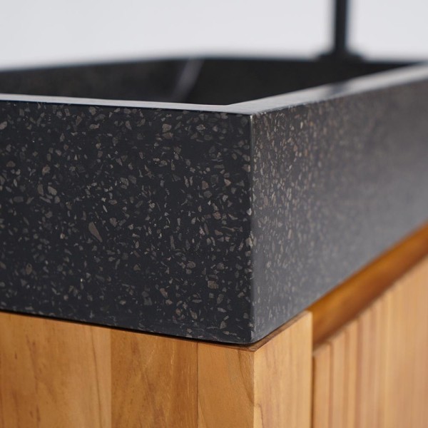 Hängendes Handwaschbecken aus massivem Teakholz und Waschbecken aus schwarzem Terrazzo - Nila