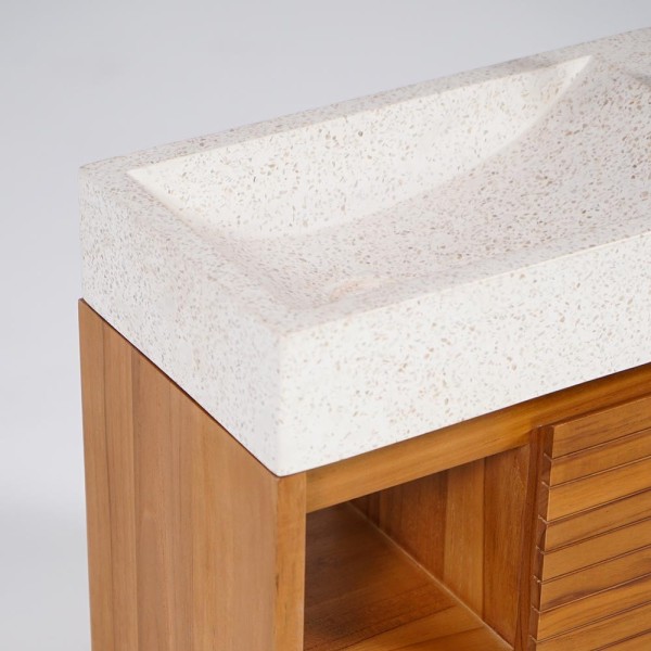 Hängendes Handwaschbecken aus massivem Teakholz und Waschbecken aus weißem Terrazzo - Balamani