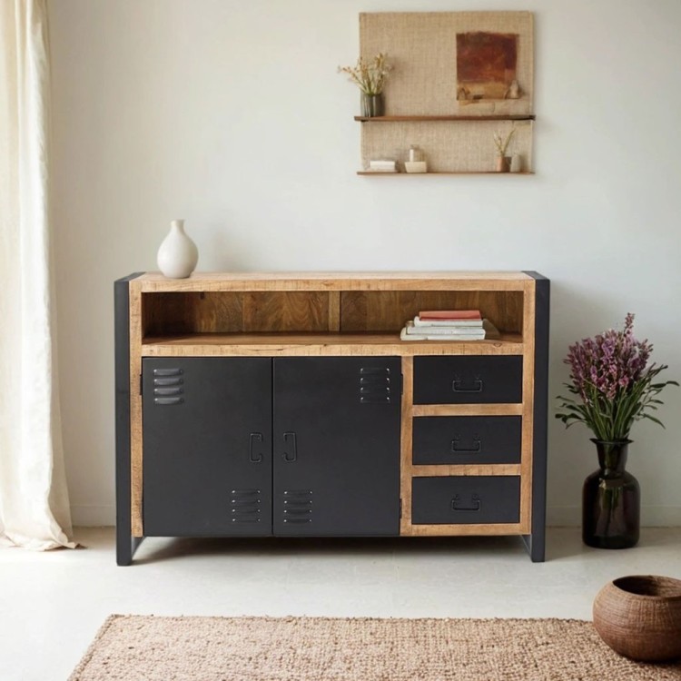 Industrial Sideboard aus Massivholz mit 2 Türen und 3 Schubladen aus schwarzem Metall 150 cm - Kansas