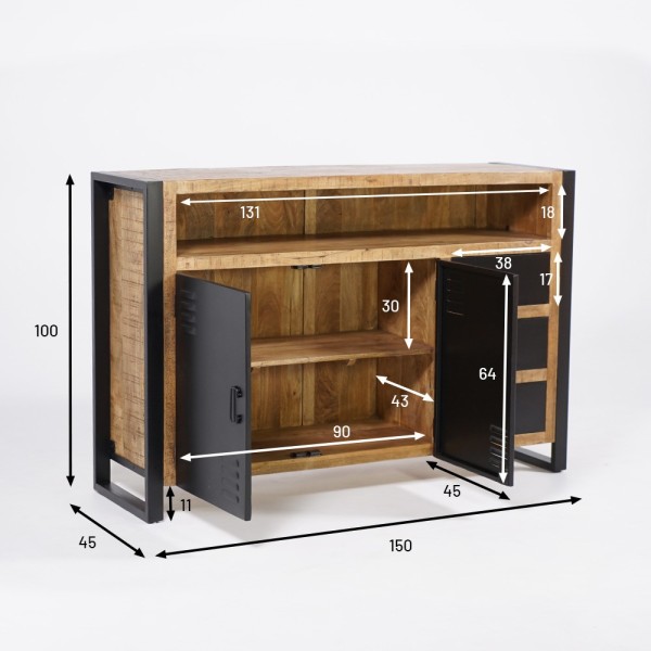 Industrial Sideboard aus Massivholz mit 2 Türen und 3 Schubladen aus schwarzem Metall 150 cm - Kansas