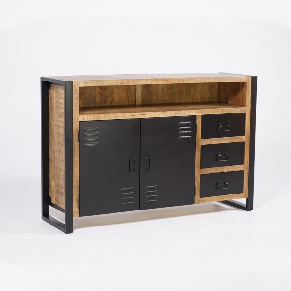 Industrial Sideboard aus Massivholz mit 2 Türen und 3 Schubladen aus schwarzem Metall 150 cm - Kansas
