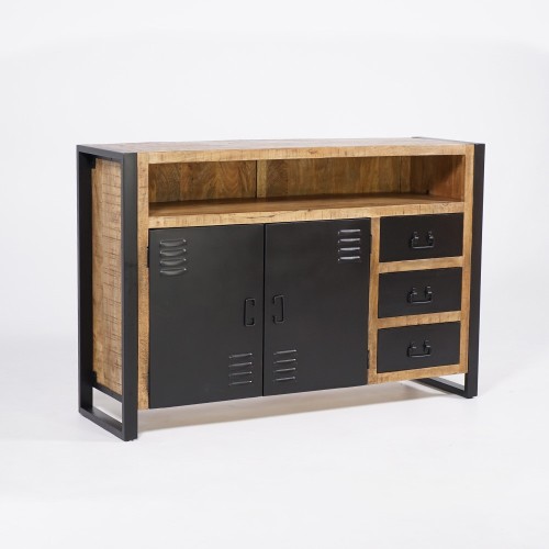 Industrial Sideboard aus Massivholz mit 2 Türen und 3 Schubladen aus schwarzem Metall 150 cm - Kansas