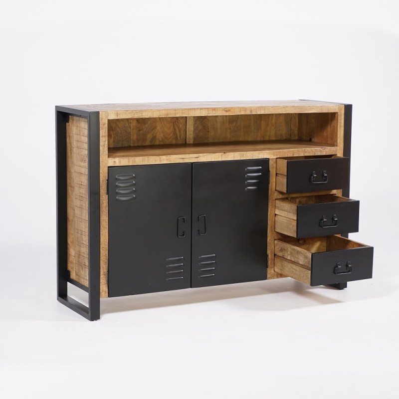 Industrial Sideboard aus Massivholz mit 2 Türen und 3 Schubladen aus schwarzem Metall 150 cm - Kansas