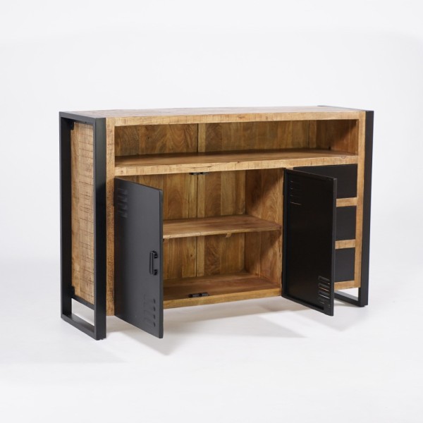 Industrial Sideboard aus Massivholz mit 2 Türen und 3 Schubladen aus schwarzem Metall 150 cm - Kansas