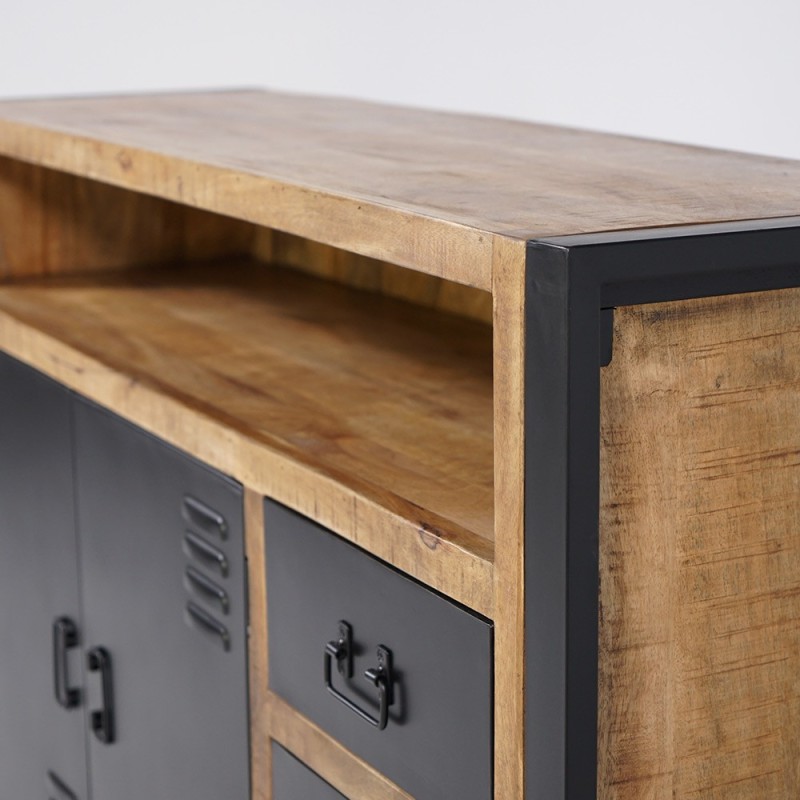 Industrial Sideboard aus Massivholz mit 2 Türen und 3 Schubladen aus schwarzem Metall 150 cm - Kansas