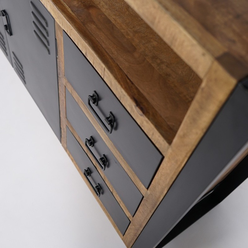 Industrial Sideboard aus Massivholz mit 2 Türen und 3 Schubladen aus schwarzem Metall 150 cm - Kansas