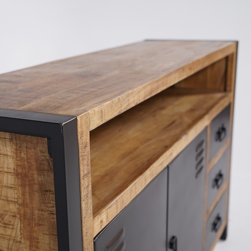 Industrial Sideboard aus Massivholz mit 2 Türen und 3 Schubladen aus schwarzem Metall 150 cm - Kansas