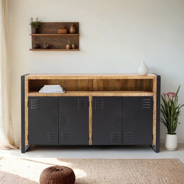Industrial Sideboard aus Massivholz mit 4 schwarzen Metalltüren 180 cm - Kansas