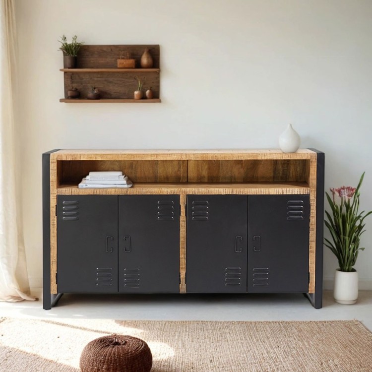 Industrial Sideboard aus Massivholz mit 4 schwarzen Metalltüren 180 cm - Kansas