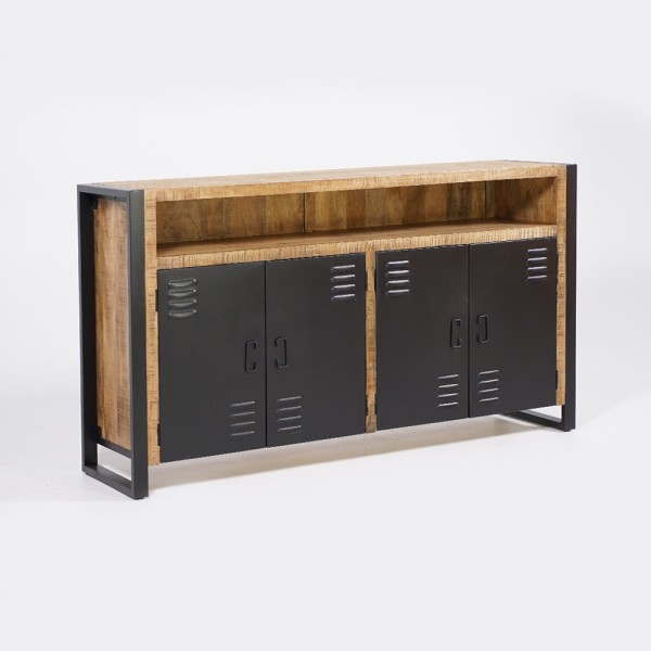 Industrial Sideboard aus Massivholz mit 4 schwarzen Metalltüren 180 cm - Kansas