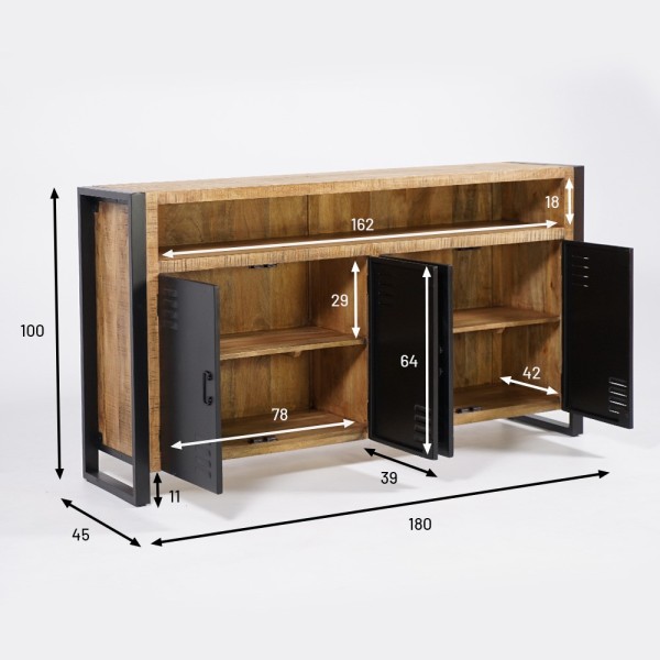Industrial Sideboard aus Massivholz mit 4 schwarzen Metalltüren 180 cm - Kansas