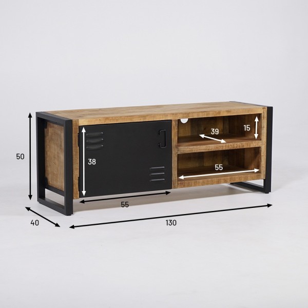 Industrial 130 cm Massivholzmöbel mit schwarzer Metalltür - Kansas