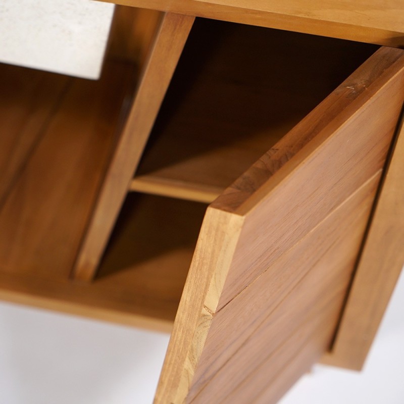 Badezimmermöbel aus massivem Teakholz und Doppelwaschbecken aus weißem Terrazzo - Meera