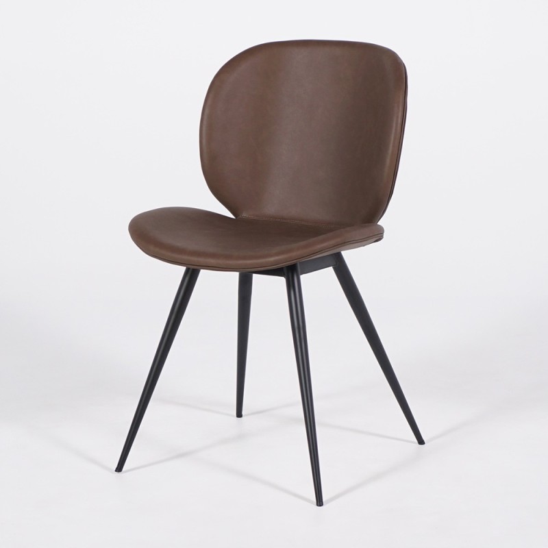 Esszimmerstuhl aus dunkelbraunem Leder mit schwarzen Beinen - Cloud