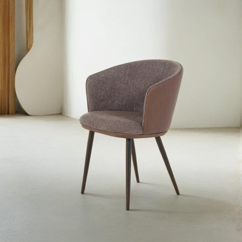 Esszimmerstuhl aus braunem Bouclestoff, braunem Kunstleder – Hey
