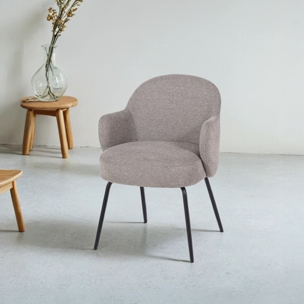 Stuhl mit grauem Bouclé-Stoff und schwarzen Metallbeinen - Bae