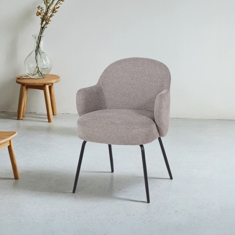 Stuhl mit grauem Bouclé-Stoff und schwarzen Metallbeinen - Bae