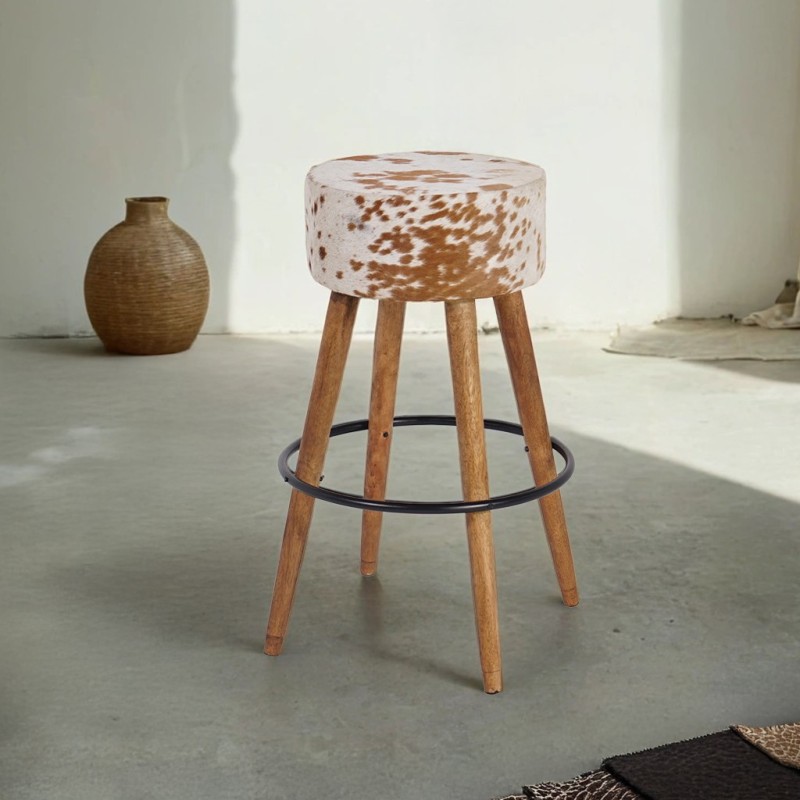 Barhocker aus Holz und Sitzfläche aus natürlichem Kuhfell - Ranch