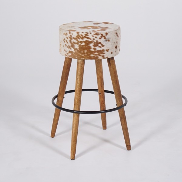 Barhocker aus Holz und Sitzfläche aus natürlichem Kuhfell - Ranch