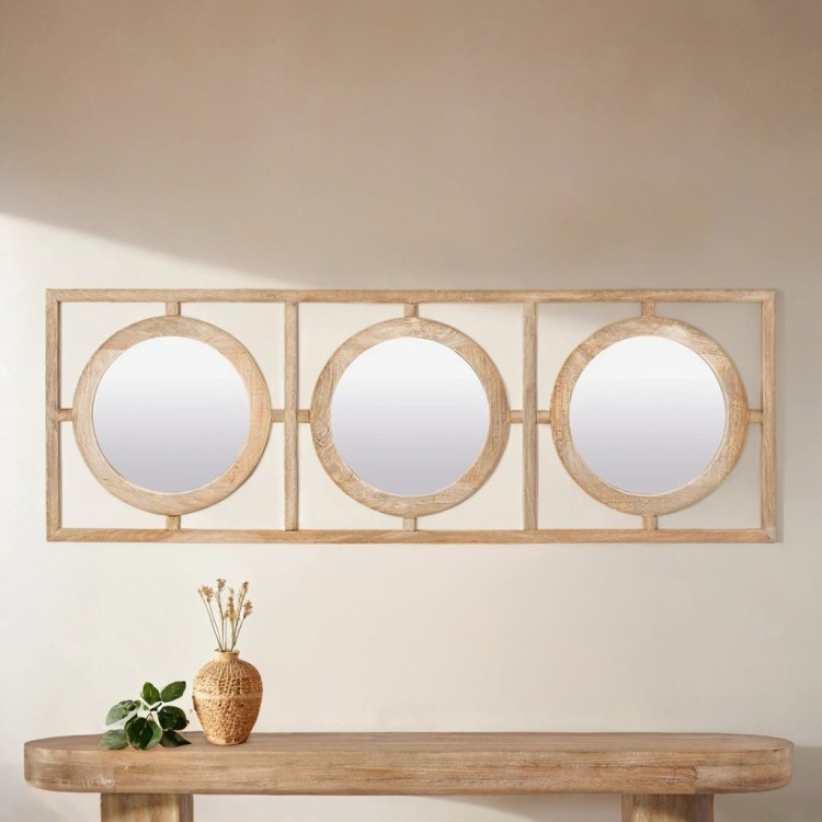 Rechteckiges Set 145 x 50 cm aus runden Spiegeln mit Holzrahmen - Ellipse