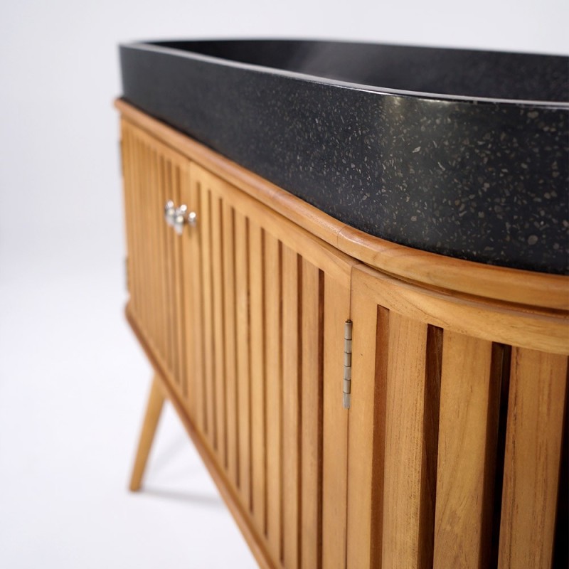 Badezimmermöbel 120 cm aus massivem Teakholz und Waschbecken aus schwarzem Terrazzo - Keya