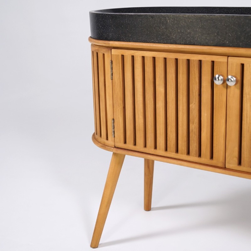 Badezimmermöbel 120 cm aus massivem Teakholz und Waschbecken aus schwarzem Terrazzo - Keya