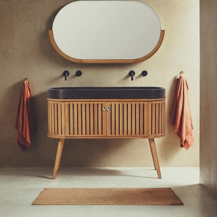 Badezimmermöbel 120 cm aus massivem Teakholz und Waschbecken aus schwarzem Terrazzo - Keya