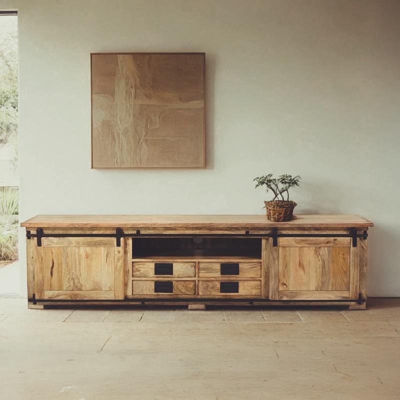 220 cm massief houten TV-meubel met schuifdeur - Parijs