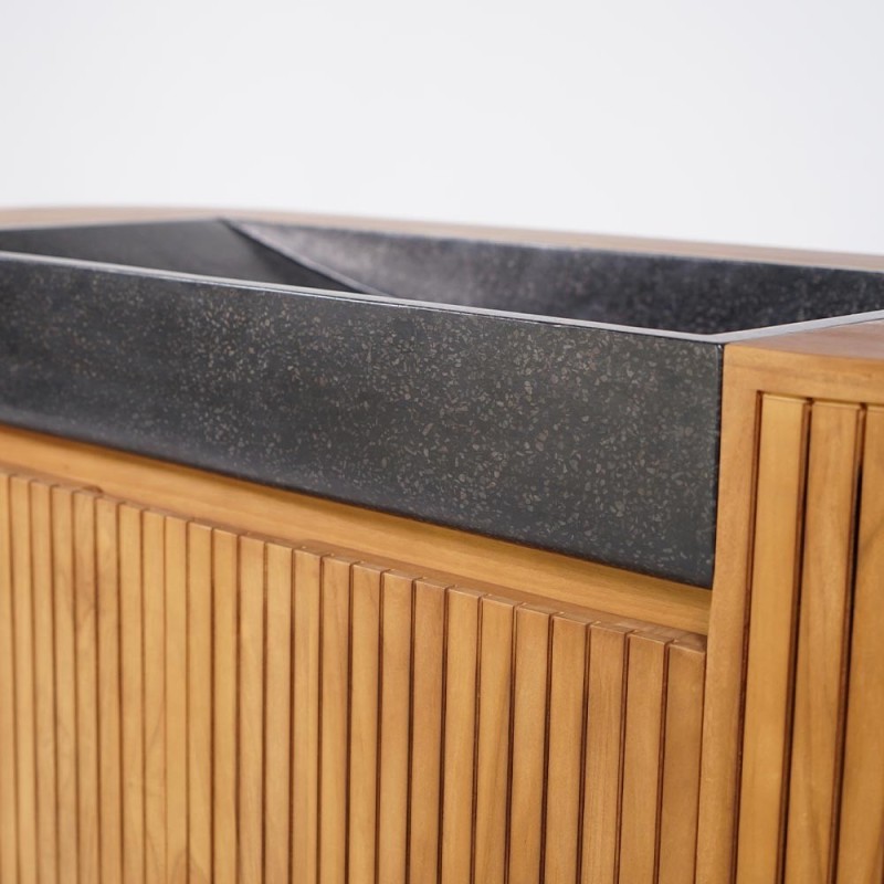 Badezimmermöbel aus massivem Teakholz mit Waschbecken aus schwarzem Terrazzo - Rani