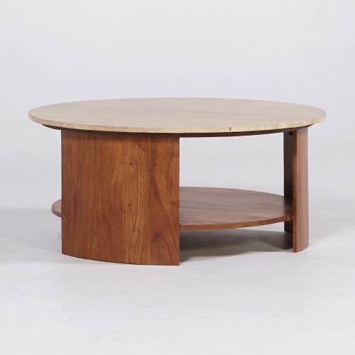 Couchtisch aus Massivholz mit Travertinplatte