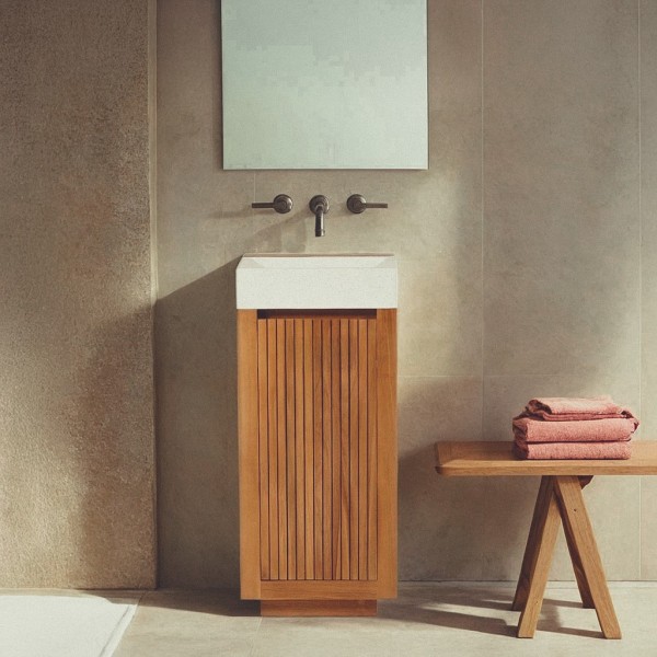 Handwaschbecken aus massivem Teakholz und Waschbecken aus weißem Terrazzo - Kali
