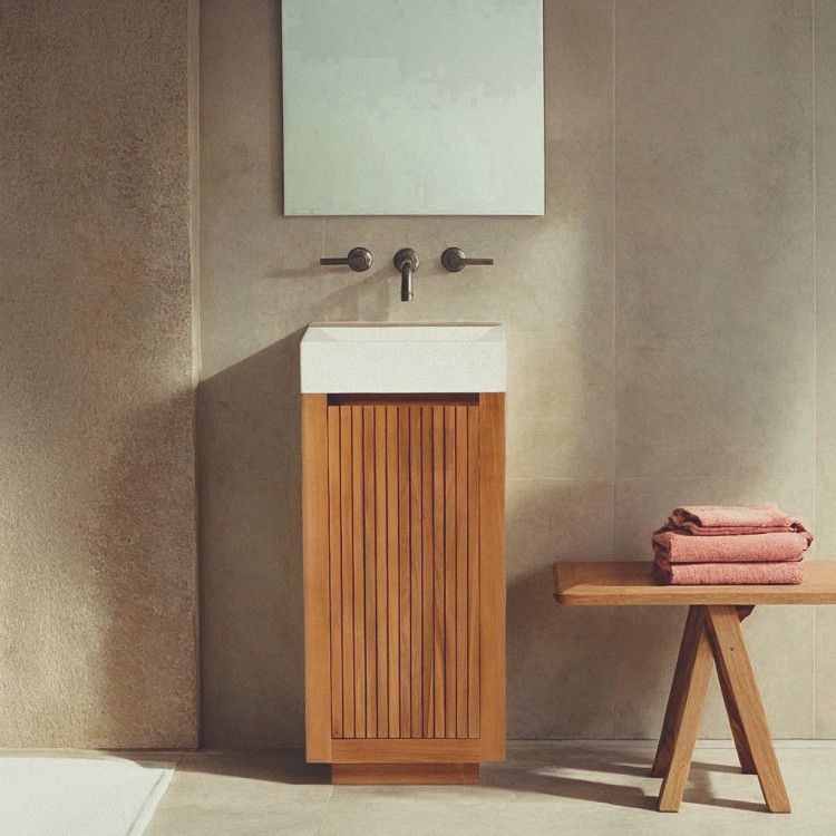 Handwaschbecken aus massivem Teakholz und Waschbecken aus weißem Terrazzo - Kali